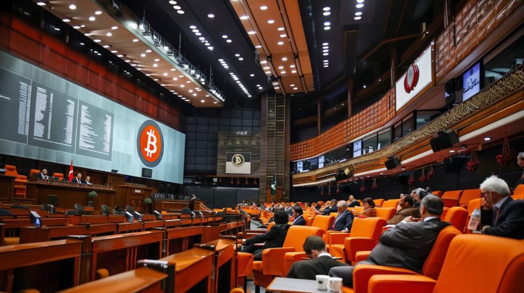 An AI-generated visualization of the Turkish Parliament debating the Crypto Bill