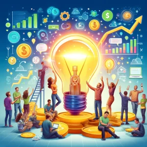 Dall·e 2024 06 04 15.21.45 A Vibrant And Dynamic Scene Illustrating Crowdfunding. It Shows A Diverse Group Of People Enthusiastically Contributing Money Towards A Large Lightbul