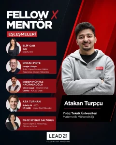 LEAD21 Fellowship Program 10th cohort fellow-mentor matching: Atakan Turpçu with mentors Elif Çar, Emrah Mete, Erdem Mümtaz Hacıpaşaoğlu, Ata Turhan and coach Bilge Seynur Saltoğlu